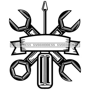 Puede incluir: Ilustración en blanco y negro de un destornillador y dos llaves inglesas con una pancarta que dice "SVGgoddess SVGgoddess SVGgoddess".