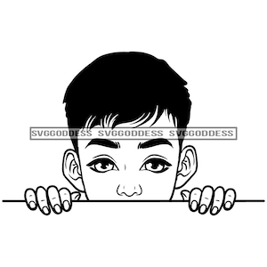 Afro Baby Boy Peeking Peek A Boo Natural Hairstyle Male Fresh Haircut B/W SVG JPG PNG Vector Design Clipart Cricut Silhouette Cut Cutting