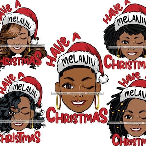 Zestaw 5 Afro Kobieta Melanina Boże Narodzenie Czapka Zima Uśmiechnięty Winkey Oczy Diva Nubian SVG JPG PNG Projekty Clipart Cricut Sylwetka Cięcie Cięcie