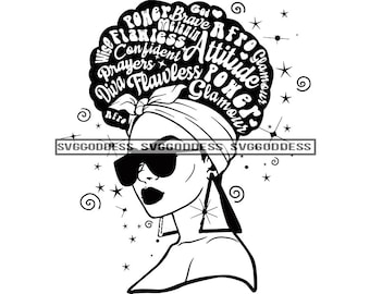 Afro Mujer Turbante Gafas Cabello Citas Poderosa Nubia Melanina Chica Negra Magia SVG JPG PNG Vector Clipart Cricut Silueta Corte Corte