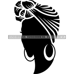 Afro Frau Kopf Side View Schwarz Silhouette Profil Turban Hoop Ohrringe Schwarz Weiß SVG PNG JPG Eps Clipart Cricut Silhouette Cutting