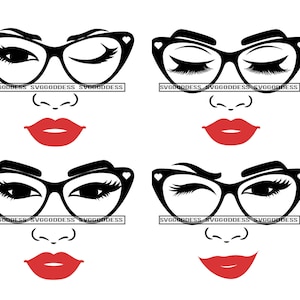 Bundle 4 Frau Gesicht Brille tragen Make Up Rote Lippen Lange Wimpern Augen geschlossen Augenbraue SVG JPG PNG Vektor Cricut Silhouette Cut Cutting