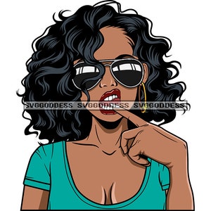 Afro Frau Trägt Top Sonnenbrille Touching Mouth Black Girl Magic Curly Hairstyle SVG JPG PNG Eps Vektor Clipart Cricut Silhouette Cutting