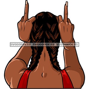 May include: A woman with long brown braids is giving the middle finger with both hands. She is wearing a red sleeveless top.
