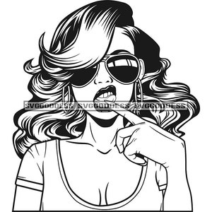Afro Woman Attitude Finger im Mund Gesturing Sonnenbrille Black Magic Wavy Hairstyle B/W SVG JPG PNG Vektor Clipart Cricut Silhouette Cutting