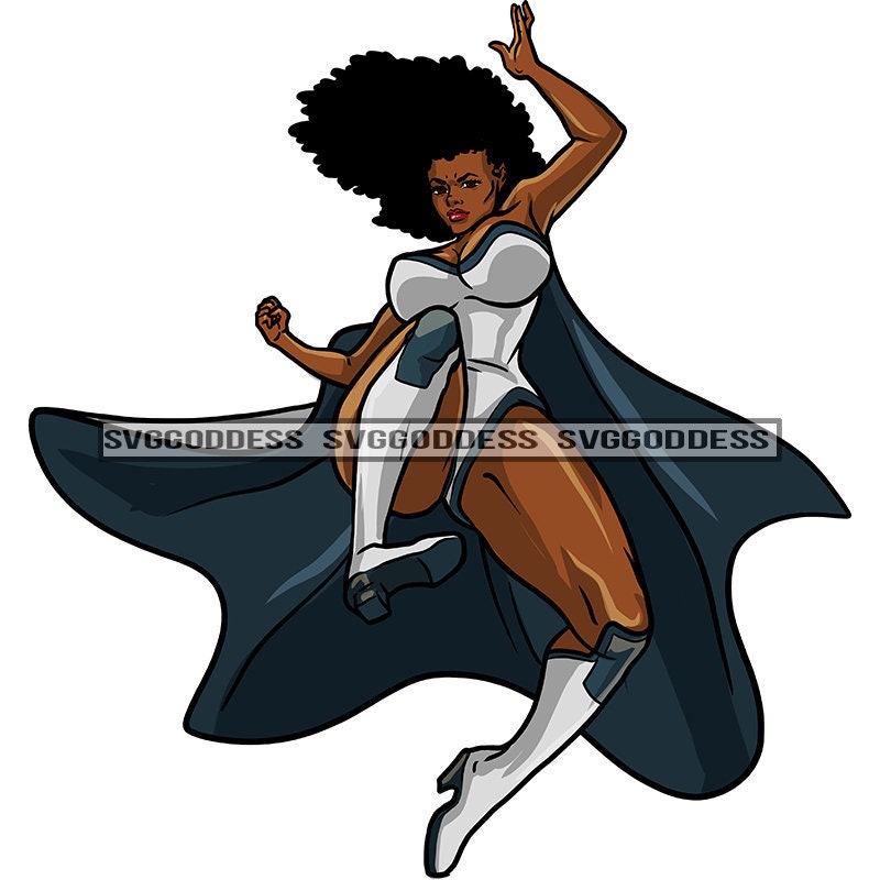 Afro Woman Super Hero Cartoon Character Strong Body Suit Goddess Costume  Cape Afro Hairstyle JPG PNG Designs Cricut Silhouette Cut Cutting 