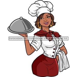 Afro Sexy Donna Chef Cappello Toque Uniforme Grembiule Asciugamano Cibo Servire Vassoio Cucina Corto Marrone Acconciatura JPG PNG Clipart Cricut Silhouette Taglio