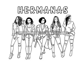 Afro Donne Insieme Hermanas Sistas Ripped Jeans Hipster Ragazza Nubian Melanina B/N SVG JPG PNG Disegni Clipart Cricut Silhouette Taglio Taglio