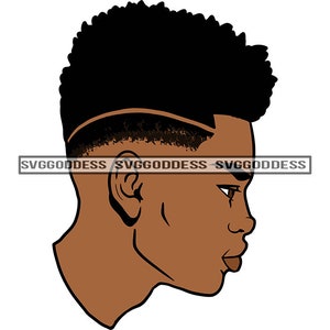 May include: A profile view of a person with short, black, textured hair. The person has brown skin and is looking to the right.