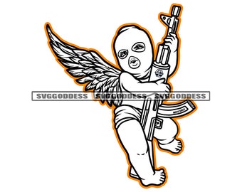Gangster Baby Angel Boy Wearing Ski Mask Burglar Holding Riffle Wings Street Boy Gangsta Trap SVG JPG PNG Vector Design Cricut Cut Cutting