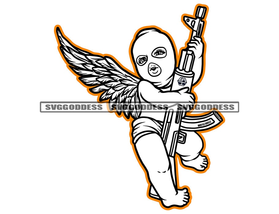 Gangster Angel Wings Baby Statue Ski Mask Tattoo Machine Gun Black Gan   famoushustle