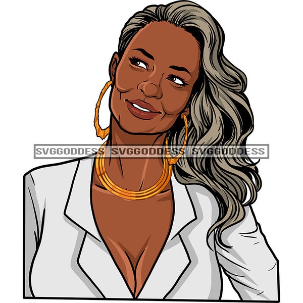 Afro Woman Mature Posing Portrait  Elegant Flirty Sexy Necklace Earrings Classy Gray Long Hair SVG JPG PNG Designs Cricut Silhouette Cutting