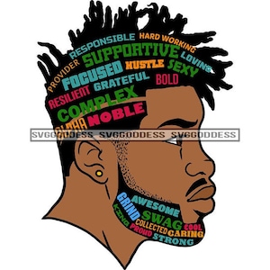 May include: A digital illustration of a man's head with a black afro hairstyle. The afro is filled with words describing positive character traits, such as "responsible", "supportive", "focused", "complex", "noble", "awesome", "swag", "cool", "strong", "kind", "proud", "collected", "caring", and "grind".