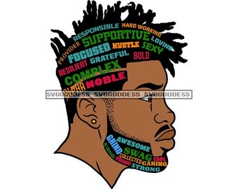 Afro Bearded Black Man Life Quotes Side View Handsome Manly Mustache Beard Masculine SVG JPG PNG Vector Clipart Cricut Silhouette Cutting