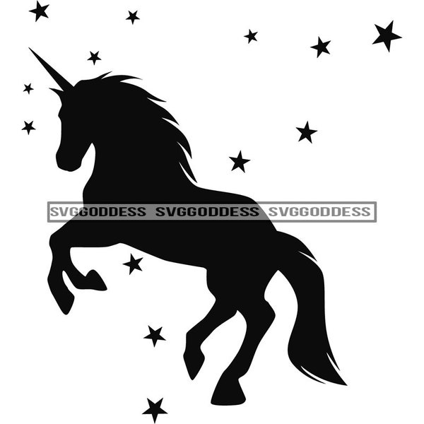 Unicorn Symbol Fantasy Horse Fairy Pony Stars Magical Horn Animal Cartoon Black And White  SVG EPS JPG Png Clipart Cricut Silhouette Cutting