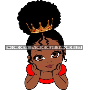 Afro mignon bébé fille posant adorables grands beaux yeux couronne rouge Top Up faire cheveux SVG JPG PNG Design Clipart Cricut Silhouette coupe coupe