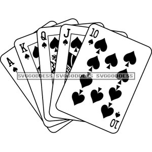 Royal Flush Spade Cards Casino Poker Game Gambling Play Gamble Luck Vegas Ace Crown B/W SVG JPG PNG Vector Clipart Cricut Silhouette Cutting