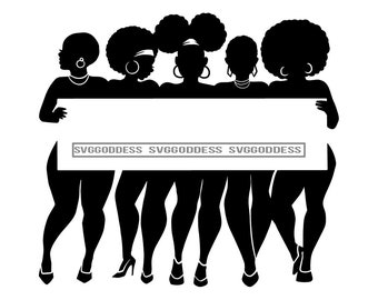 Afro Women Silhouettes Together Holding Banner Logo Sign Nubian Queens Melanin B/W SVG JPG PNG Designs Clipart Cricut Silhouette Cutting