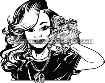 Afro Woman Holding Money 100 Dollar Bill Hustler Showing Off Melanin Wavy Hair B/W SVG JPG PNG Vector Clipart Cricut Silhouette Cut Cutting