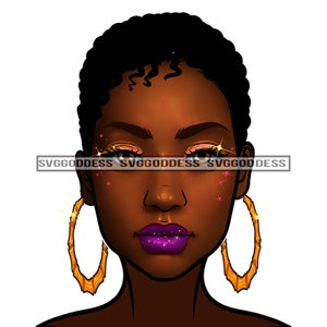 Afro Woman Beautiful  Lipstick Hoop Earrings Black Queen Pretty Diva Short Curly Hairstyle JPG PNG Designs Cricut Silhouette Cut Cutting