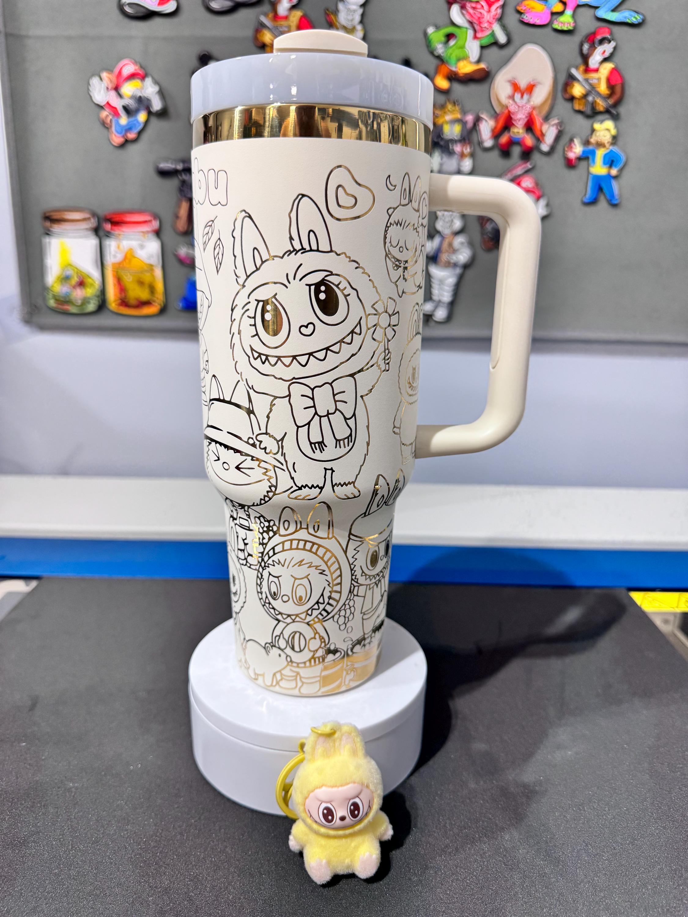 Laser Engraved Labubuu Design on a 40 Oz Tumbler. Comes With a