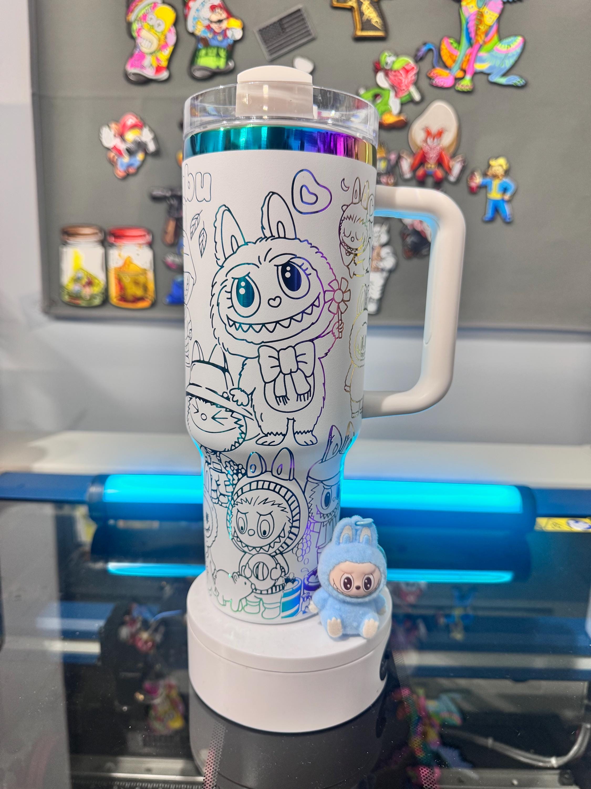 Laser Engraved Labubuu Design on a 40 Oz Tumbler. Comes With
