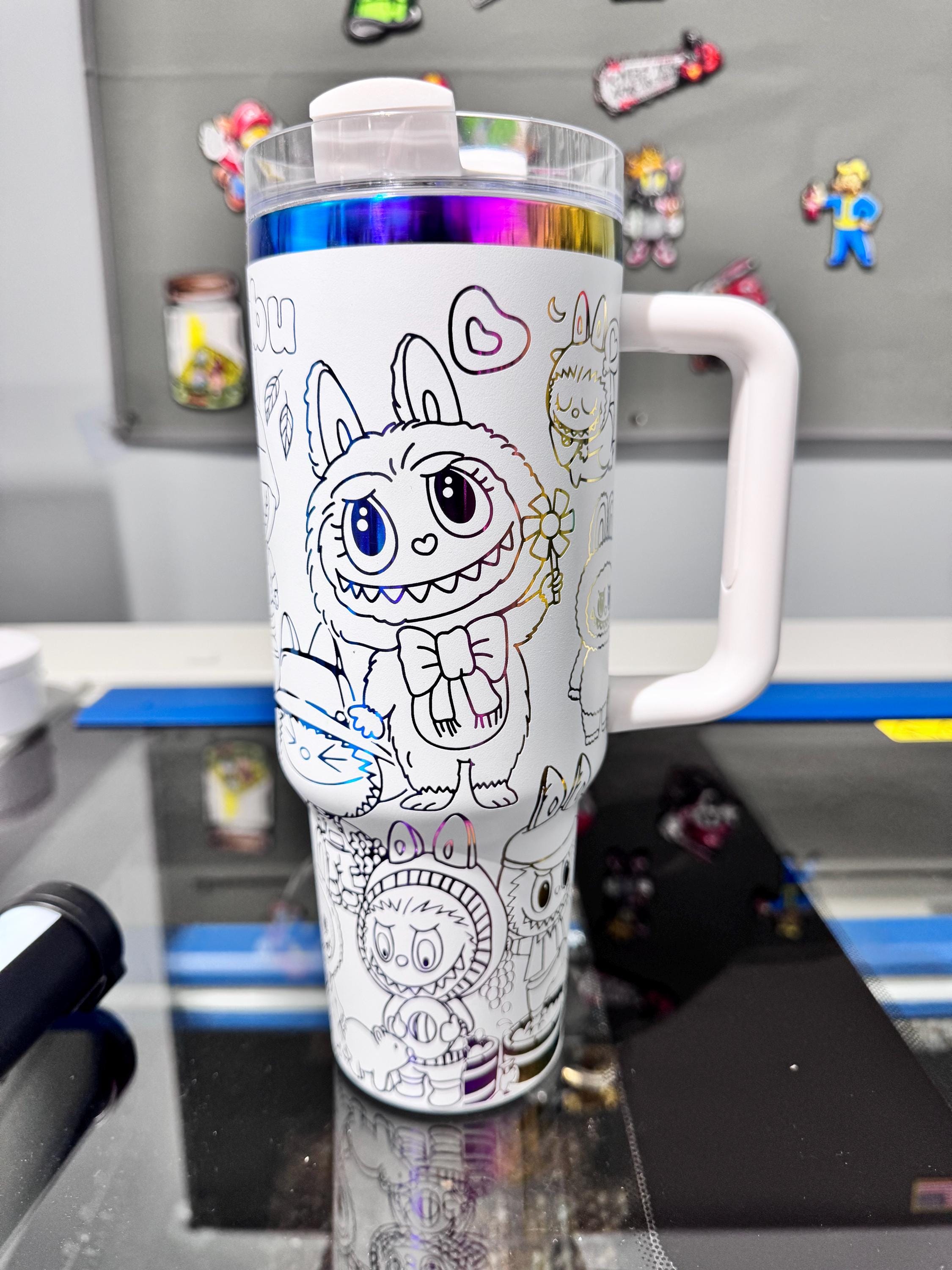 Laser Engraved Labubuu Design on a 40 Oz Tumbler. Comes With a