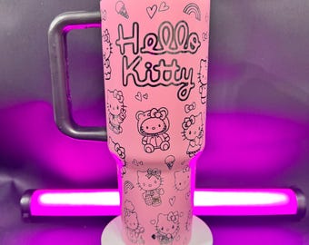 Laser engraved Hello Kitttyy. Design on a 40oz Tumbler. Multiple colors available.