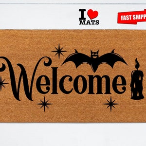 Welcome Bat Doormat, Scary Door mat, Witch Doormat, Halloween Doormat, Housewarming Gift, Closing Gift, Welcome Doormat, Candle Doormat