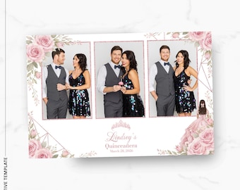 Plantilla para fotomatón de quinceañera con rosas rosas / Superposición de espejo de 4x6 / Plantilla editable para 15.º cumpleaños / Descarga instantánea en PNG y PSD