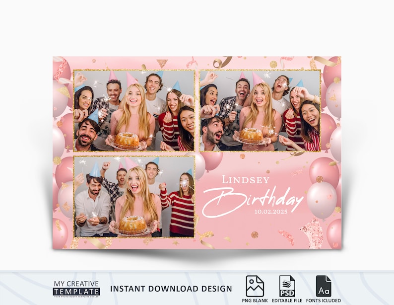 May include: Pink and gold birthday photo booth backdrop with balloons, confetti, and a cake. The text "LINDSEY Birthday 10.02.2025" is at the bottom of the backdrop.