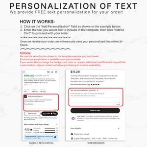 May include: An instructional graphic titled PERSONALIZATION OF TEXT explaining how to add custom text to a digital order. It features two screenshots showing the Add personalization field on a mobile application and a web browser interface.
