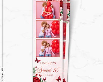 Plantilla para fotomatón de quinceañera / Superposición para fotomatón de quinceañera / Tira de 2x6 / Fiesta de cumpleaños roja y rosa