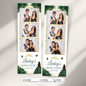 May include: Two vertical photo booth strips featuring three frames of a couple using props, framed by dark green roses and gold glitter. The bottom includes a gold tiara graphic, the text Lindsey's QUINCEAÑERA April 28, 2026, and a dress illustration.