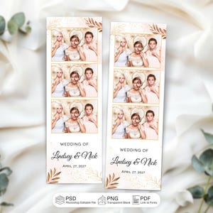 May include: Two vertical photo booth strips with wedding photos. Each strip has three photos of women posing with props. The text "Wedding of Lindsey & Nick, April 27, 2027" is printed at the bottom, along with file type icons.