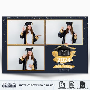 Photo booth Template Graduation, Class of Photobooth Template, Grad party photo booth template, Class of 2024 , 4x6, Navy Blue Graduation