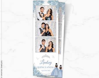 Plantilla para fotomatón de quinceañera / Princesa floral azul suave de quinceañera 15 / Superposición para fotomatón de 2x6 / PNG, PSD Descarga instantánea