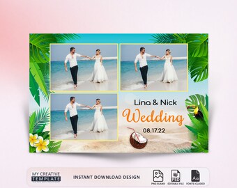 May include: A tropical wedding invitation template with a collage of photos of a couple on a beach. The text "Lina & Nick Wedding 08.17.22" is in the center of the template.