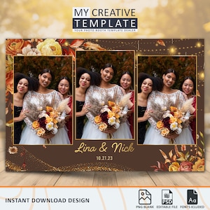 May include: A photo booth template with a brown background and gold glitter. The template has three photo slots with a floral design and the text "Lina & Nick" and "10.27.23".