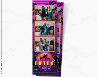 Puede incluir: Un diseño de tira de fotos vertical con un tema de fiesta retro. El diseño presenta tres marcos de fotos con imágenes de personas con atuendo de fiesta. La parte inferior del diseño tiene las palabras "Retro Party" en una fuente retro con un gráfico de puesta de sol y palmeras.