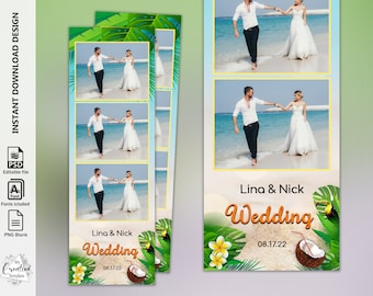 May include: A photo booth template with a tropical theme. The template features a couple in a beach setting with the text "Lina & Nick Wedding 08.17.22".