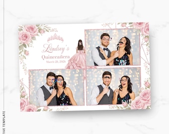 Plantilla para fotomatón de quinceañera con rosas rosas / Superposición de fotomatón de 4x6 / Plantilla editable para 15.º cumpleaños / Descarga instantánea en PNG y PSD