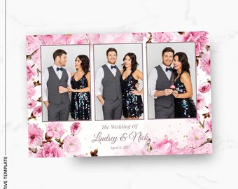 Plantilla para fotomatón de boda, superposición de fotomatón de boda con flores de cerezo, fiesta de despedida de soltera de primavera, diseño de espejo de 4x6