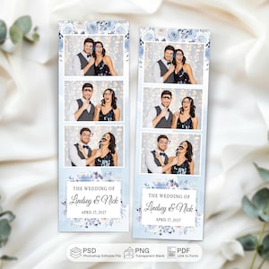 May include: Two photo booth strips with the text "THE WEDDING OF Lindsey & Nick APRIL 17, 2027". Each strip has three photo strips with couples posing with props. The background is light blue with floral accents.
