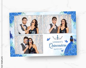 Plantilla para fotomatón de quinceañera / Rosas azules / 15.º cumpleaños / Superposición de fotomatón de 4x6 / PNG, PSD Descarga instantánea