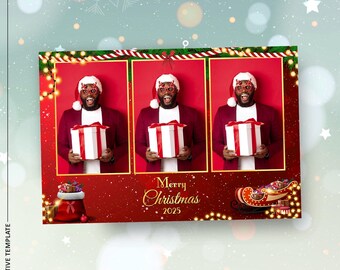 May include: A Christmas-themed photo card with three identical images of a person holding a gift. The card has a red background with the text "Merry Christmas 2025". Decorative elements include a Santa's bag and sleigh.