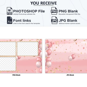 May include: A pink and gold photo booth backdrop with balloons and confetti. The backdrop is divided into three sections, with two sections for photos and one section with a pink and gold background. The text "PNG Blank" is at the bottom of the photo sections and the text "JPG Blank" is at the bottom of the background section.