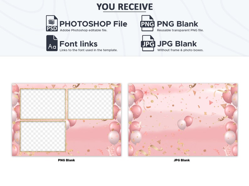 May include: A pink and gold photo booth backdrop with balloons and confetti. The backdrop is divided into three sections, with two sections for photos and one section with a pink and gold background. The text "PNG Blank" is at the bottom of the photo sections and the text "JPG Blank" is at the bottom of the background section.