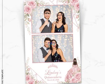 Plantilla para fotomatón de quinceañera con rosas rosas / Superposición de fotomatón de 4x6 / Plantilla editable para 15.º cumpleaños / Descarga instantánea en PNG y PSD