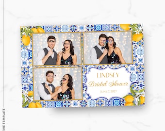 Plantilla de fotomatón de la Costa Amalfitana, superposición de fotomatón para despedida de soltera con temática de limones, plantilla de azulejo azul mayólica mediterráneo de 4x6, boda de verano